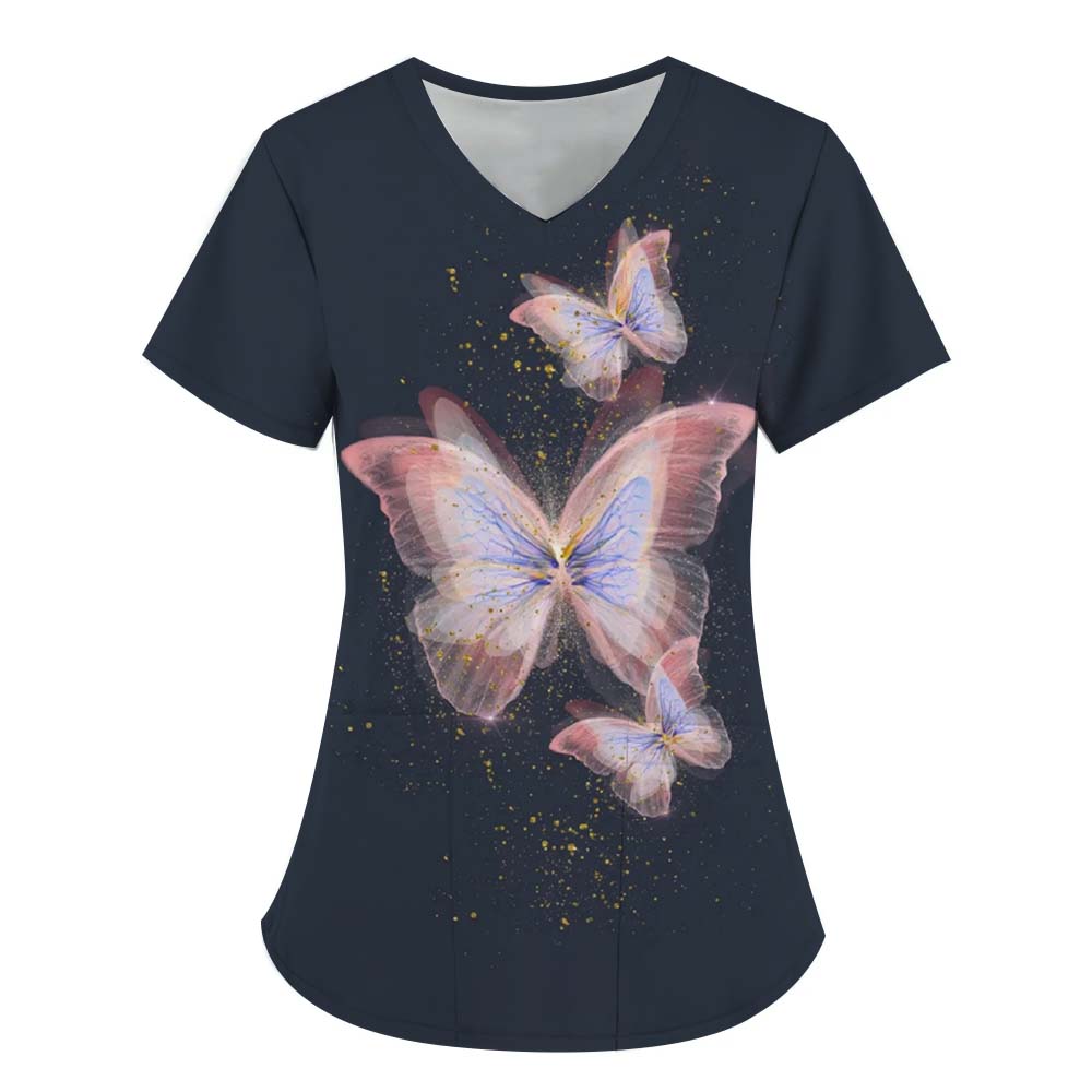 Chirurgický úbor dámský s potiskem 3D motýlů, výstřih do V, ošetřovatelská kapsa, veterinářské pracovní oblečení, lékařská ošetřovatelská uniforma pro ženy