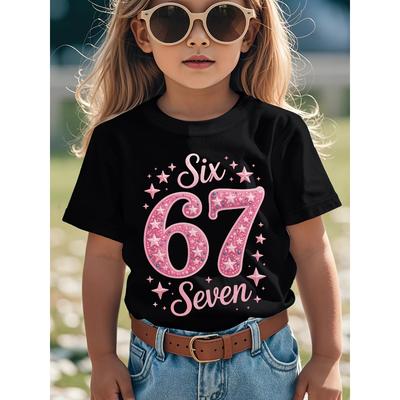Ευρωπαϊκά μεγέθη Παιχνιδιάρικο Γραφικό T-shirt με Σχέδιο Αστέρια για Κορίτσια - Διασκεδαστικό Μαύρο T-Shirt με Ροζ και Λευκό Σχέδιο Αστέρια, Με Κείμενο 'Six 67 Seven',