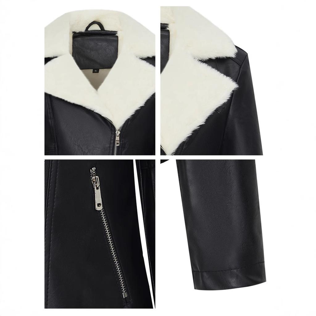 Winter Women's Fleece Jacket Thick Warm PU Leather Jacket Slim Turn Down Collar Flocked Leather Coat