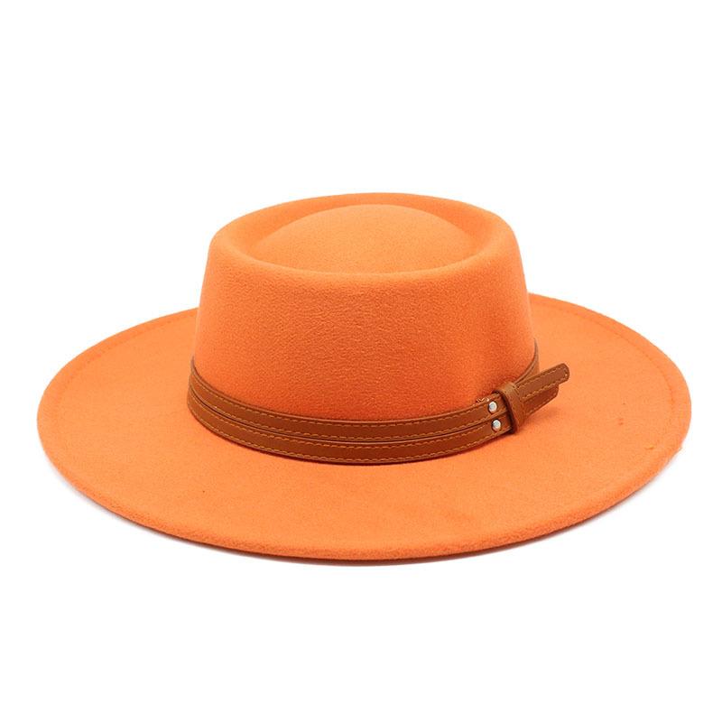 French Double Belt Buckle White Woolen Hat Flat Top Top Hat Female British Retro Style Wide Brim Felt Hat