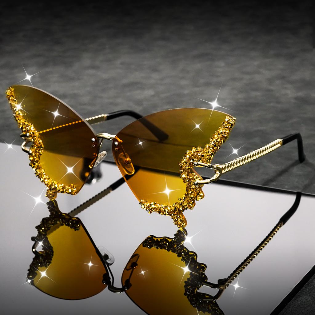 Butterfly Rimless Stylish Sunglasses for Women Men Bling Rhinestone Gradient Tint Decorative Eyeglasses for Costume Party