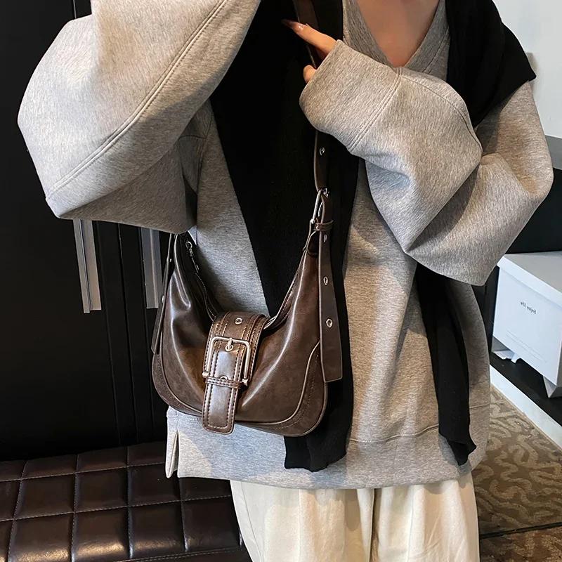 2024 Winter Belt Design Y2K Retro Small PU Leather Crossbody Bag Women Fashion Handbags New Trend Luxury Shoulder Bag