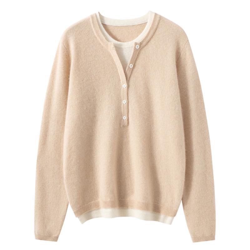 2025 Winter Women's Faux Two-Piece Cashmere Half-Open Neck Slimming Pullover Sweater