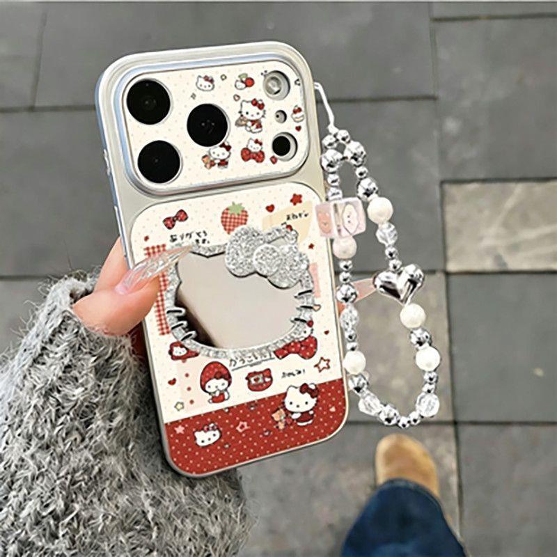 Red Strawberry Kt Cat Apple 17promax Mobile Phone Case iPhone16 All-inclusive 15pro Large Window Mirror Lanyard
