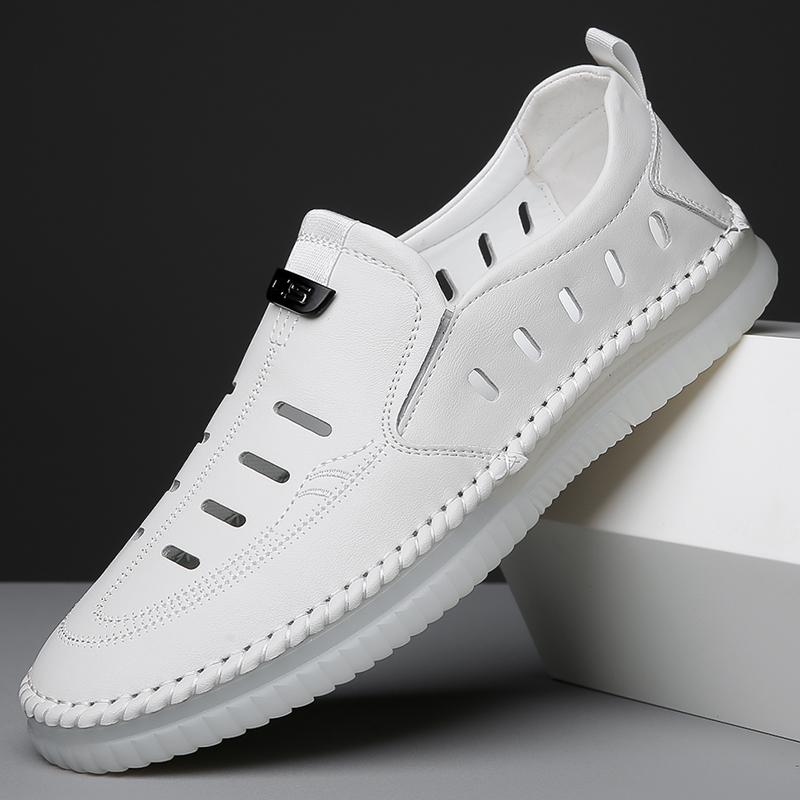 Summer Breathable Leather Walking Shoes for Men Hollow Out Slip-on Loafers Men's Comfortable Leather Casual Shoes