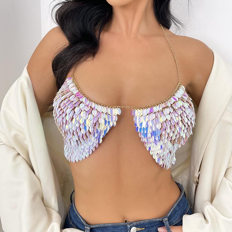 2024 Fashion Ins New Gradual Change Sequins Sexy Bra Body Chain Hot Backless Neck Sling