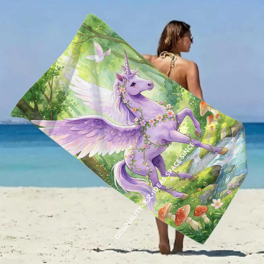 Magical Forest Winged Unicorn Beach Towel Patterned Sunscreen And Windproof Suitable For Swimming Pool Camping Travel