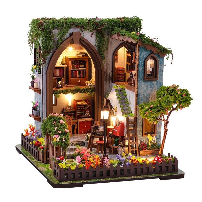 DIY 3D Wooden Puzzle Garden Pavilion Cottage Miniature Model Kits With Furniture Casa Dollhouse for Adults Kids Gifts