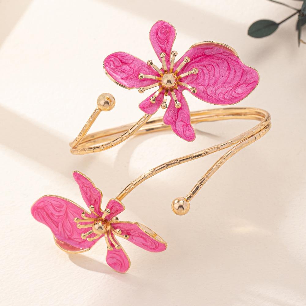 New Gold Color Floral Open Cuff Armlet Metal Enamel Glaze Craft Open Arm Ring Flower Cuff Bracelet Gifts
