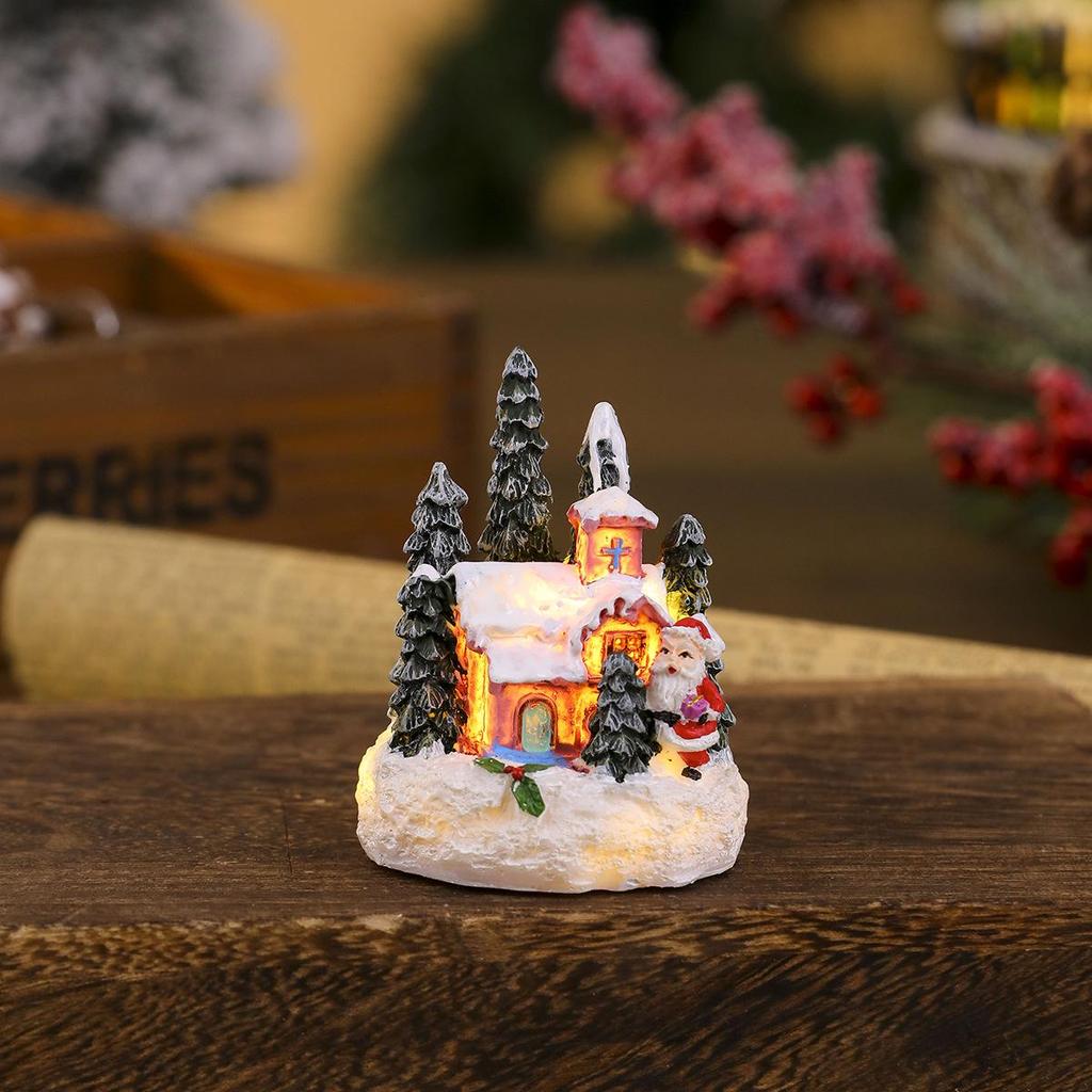 Glowing Resin Christmas House with Santa & Snowman Ornament