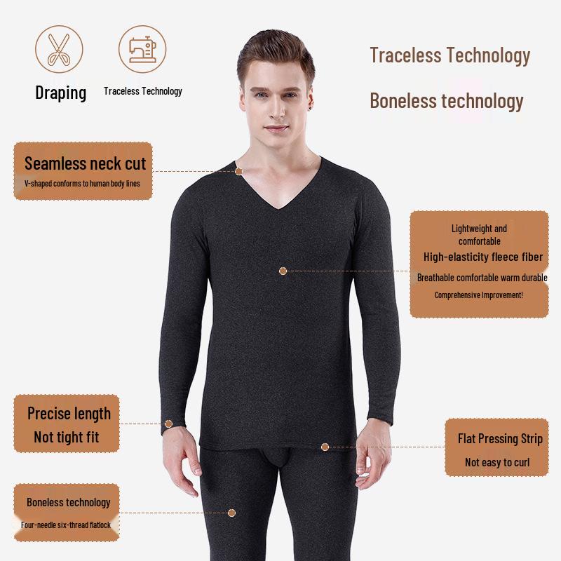 Men's Slim Fit Seamless Fleece-lined Thermal Underwear Set for Autumn