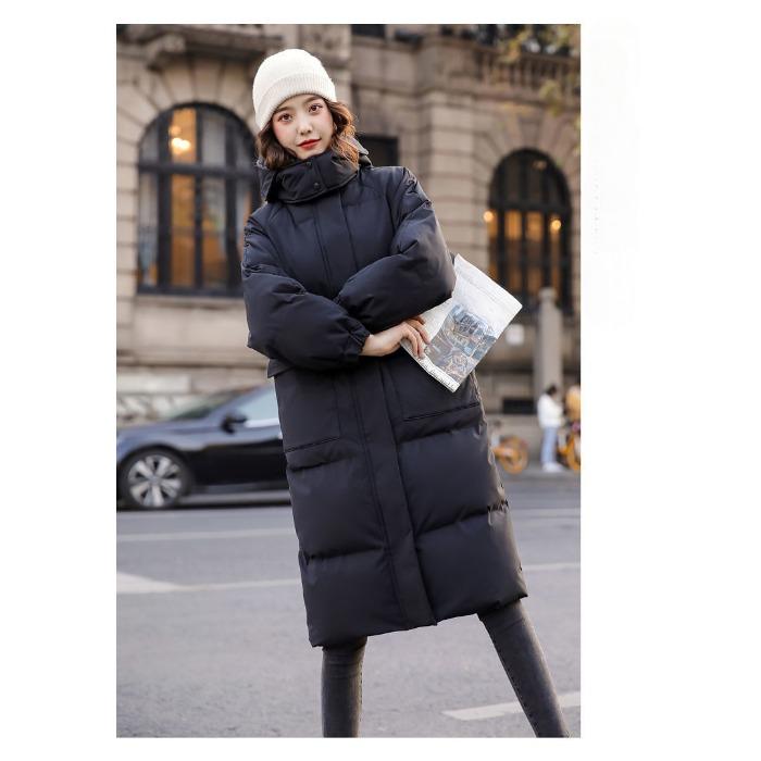 Løs vinterfrakk i dunbomull i koreansk stil for kvinner, mellomlang, tykk hettejakke
