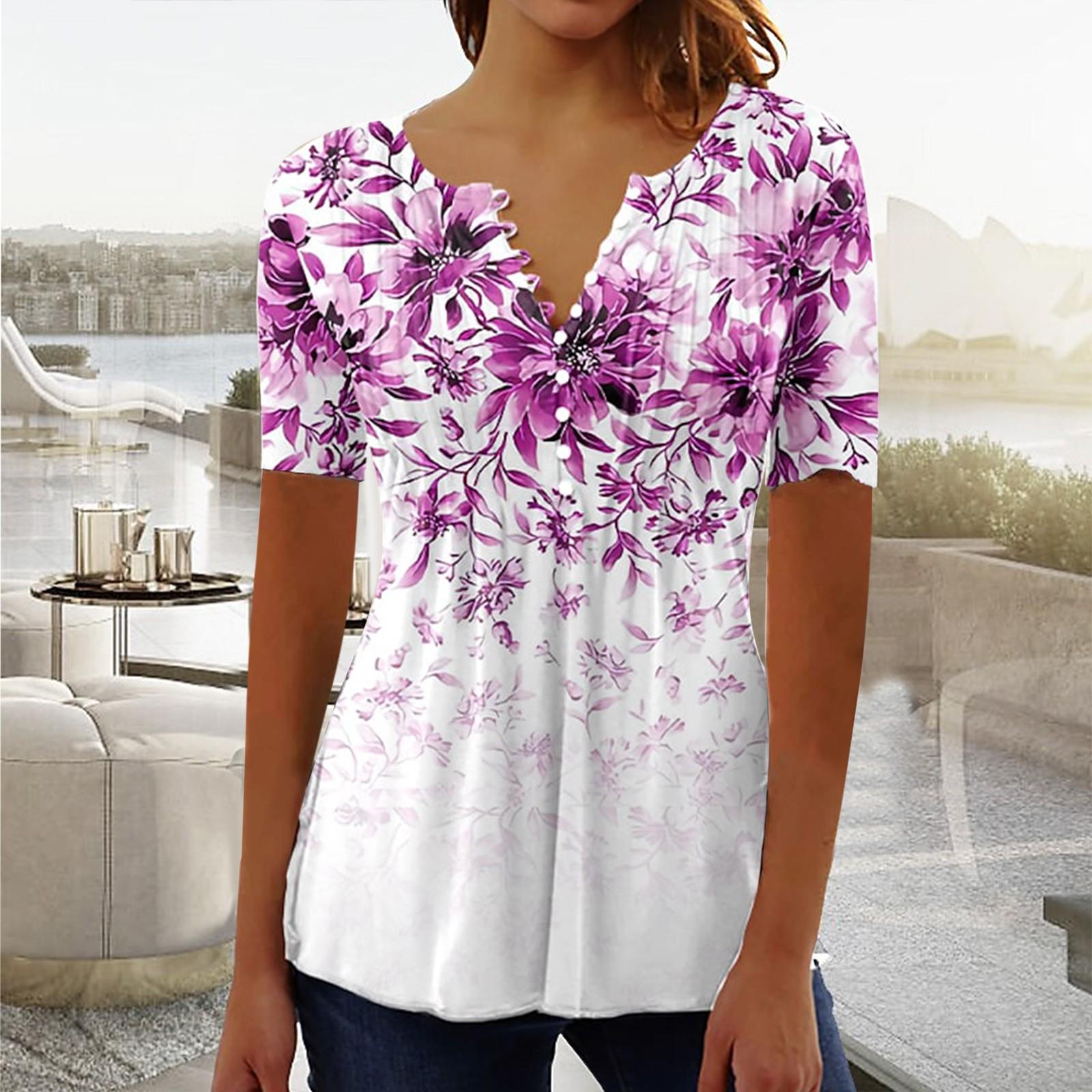 Damen-Oberteile, Tunika mit verstecktem Bauch, Sommer-Kurzarm-T-Shirts, süßes, fließendes T-Shirt, lässige, elegante Blusen für Leggings XL violett