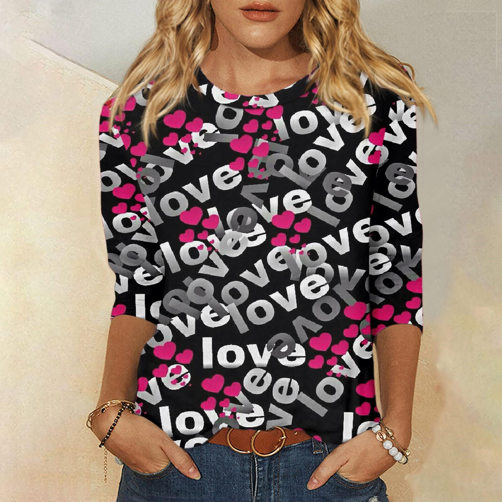 

Женская мода, повседневная свободная футболка с принтом на День святого Валентина и круглым вырезом, рукав 3/4, женский топ XXL чёрный