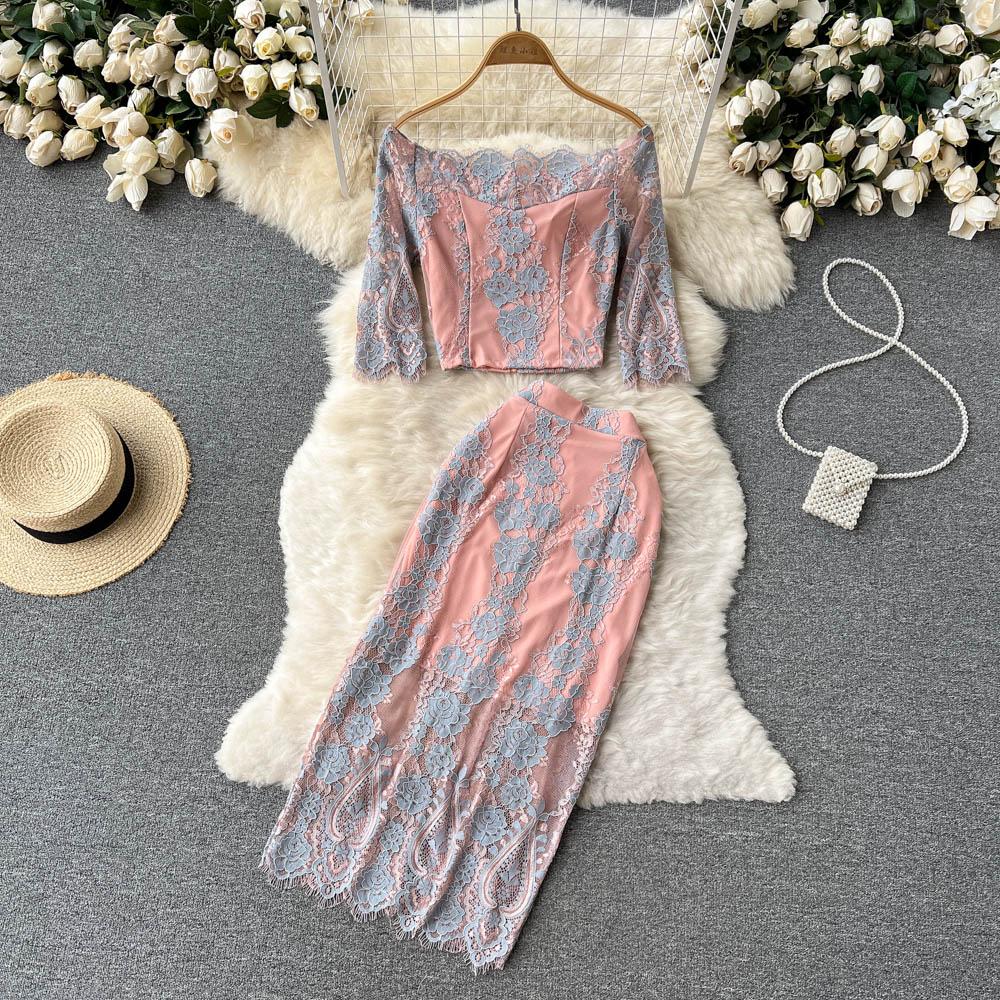 

RUGOD Праздничный стиль, кружевной вышивка, легкий костюм для взрослых, женский иностранный стиль, короткий топ с воротником из одного слова, юбка с высокой талией, комплект из двух предметов