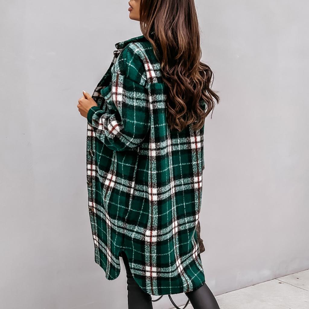Women's Casual Long Sleeve Plaid Button Down Oversized Shirt Shacket Jacket Coat Outerwear With Pockets