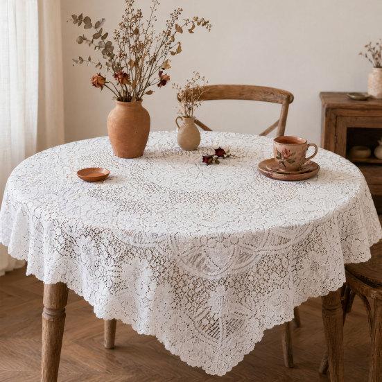 White Lace Tablecloth, Square Scalloped Floral Lace Doily, Elegant Vintage Table Cover for Nightstand End Table Tea Party Home Decor