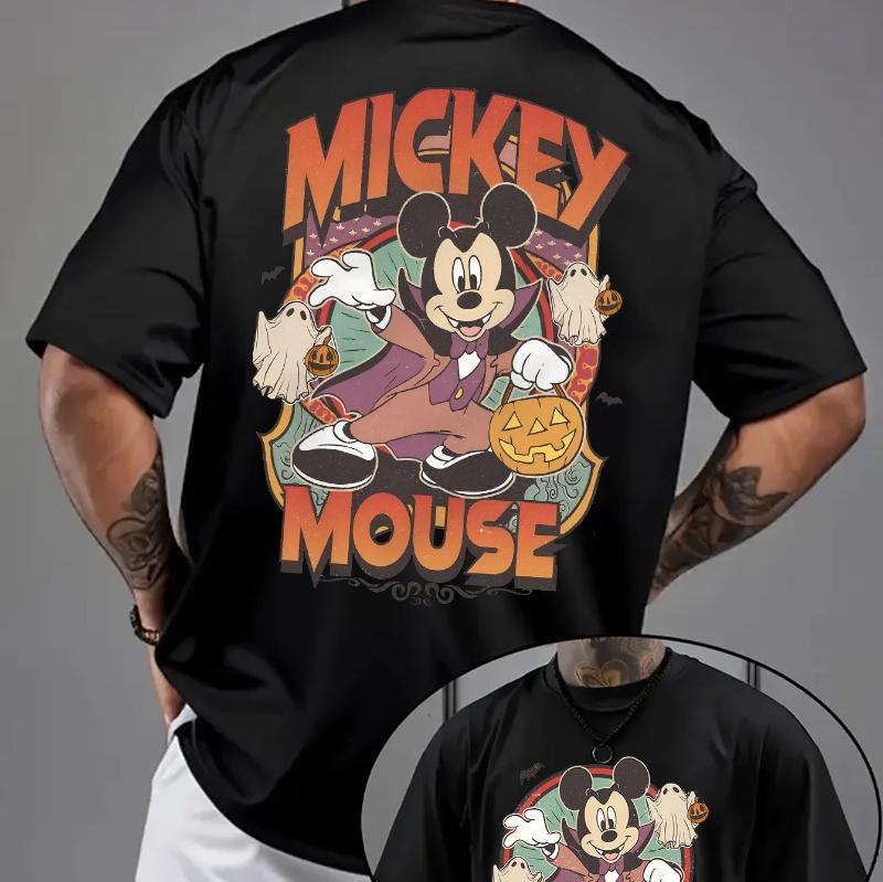 2025 Disney Halloween Mickey Mouse and Ghost Pattern Men's T-Shirt Pumpkin and Bat Design Ghost 100% Pure Cotton Printed T-shirt