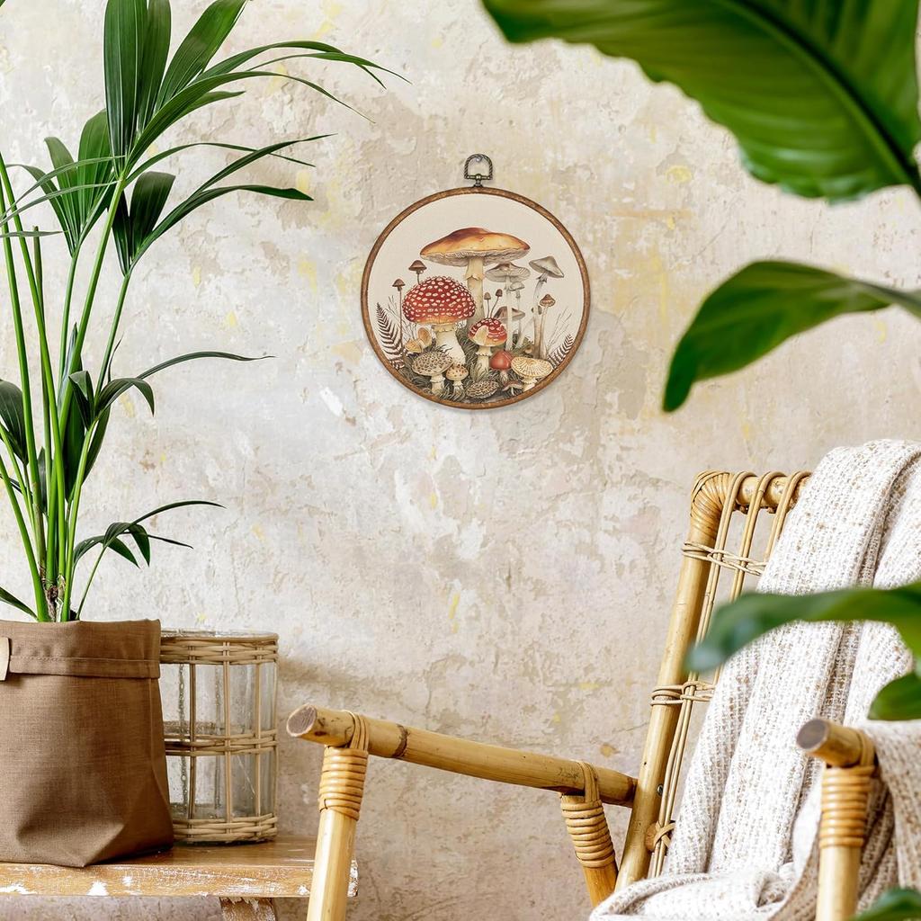 BCUANGD Vintage Mushroom Round Wall Art Decor - Retro Boho Botanical Wall Art Canvas Frame Artwork Prints, Neutral Cottagecore Round Wall Hanging
