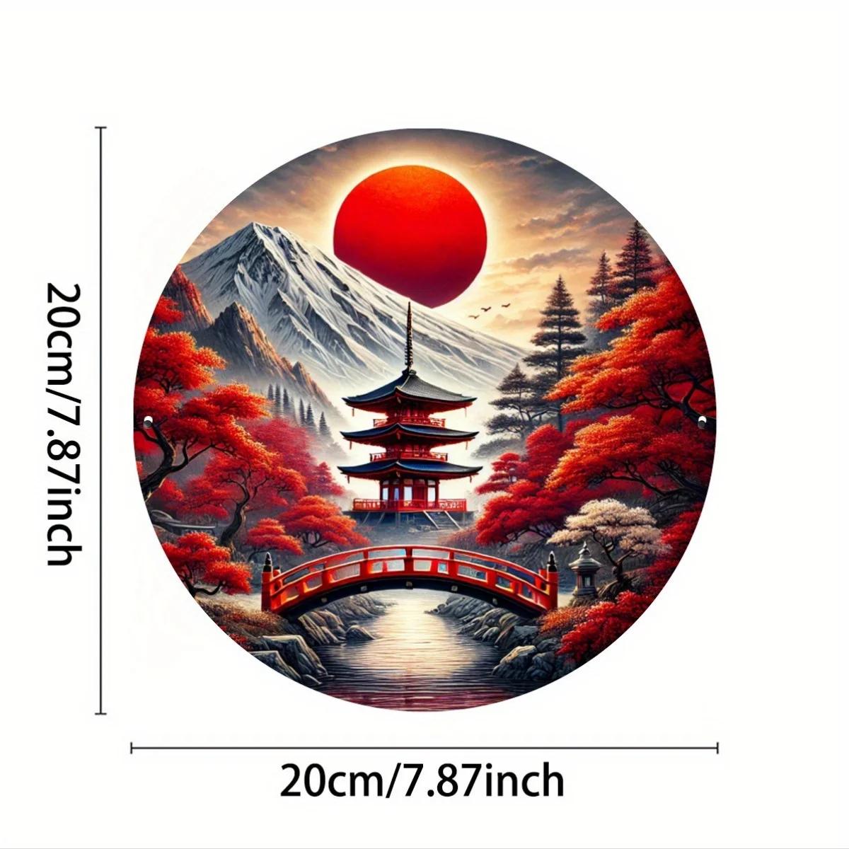 Rustic Japanese Aluminum Sign Rustic Japanese Temple Round Iron Aluminum Sign Autumn Mount Fuji Mural x inches 20x30cm(7.8x11.8inch)