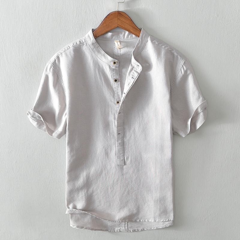 Summer T-shirts for Men Summer Daily Casual Simple Men Tops&Tees Chinese Style Men Clothing Cotton Linens Stand Collar Short Sleeve White T-Shirt 4XL