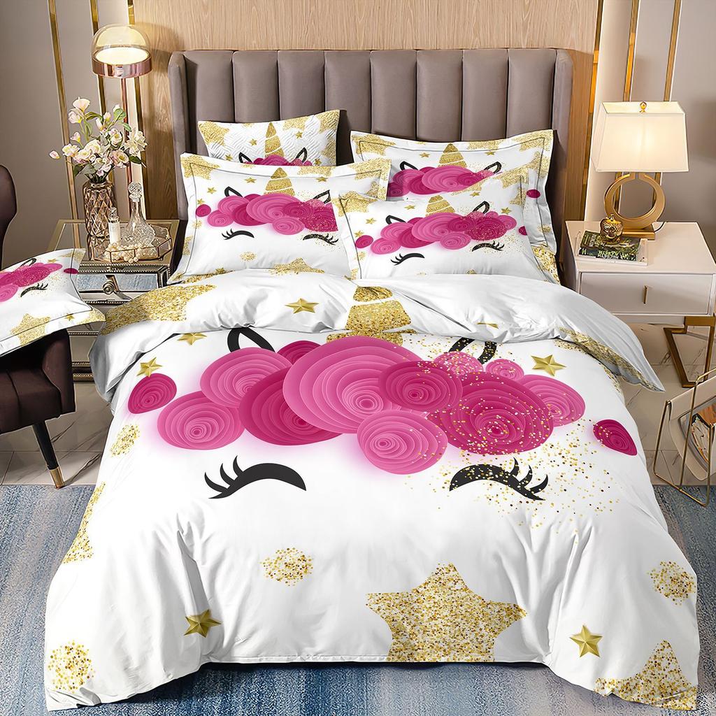 Cartoon Animation Bedding 3D Digital Printing Animal Plaid Unicorn Quilt Cover Three-Piece Set