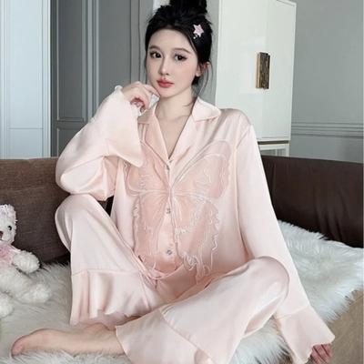 Sladká Čistá Touha Motýl Pyžamový Set Dámský Smysl Ledové Hedvábí Krajka Elegantní Dlouhý rukáv Kalhoty Dvoudílné Temperamentní Pyžamo