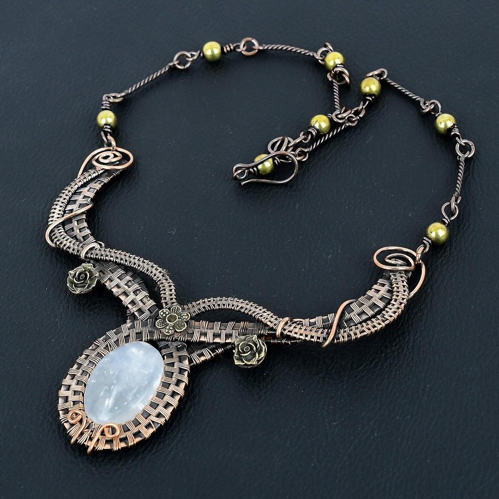 Selenite Druzy 999 Copper Wire Wrapped  Necklace with Adjustable Chain, Handmade Gemstone Jewelry Necklace For Memorial Day