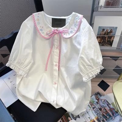 Doll Collar Checkered Lace Up Shirt for Women Puff Sleeved Single Breasted Shirts Summer Loose Embroidered White Tops