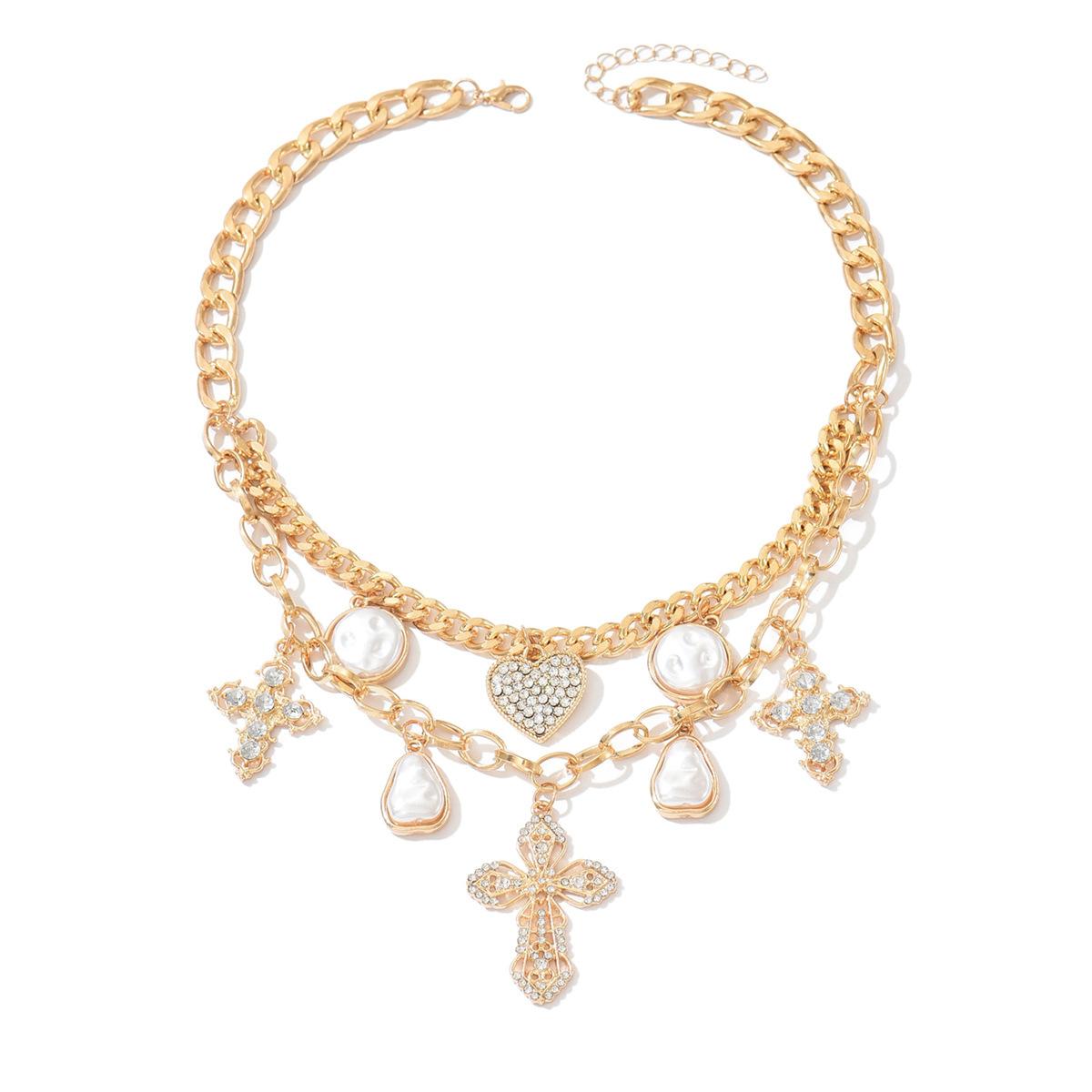 Stacked with love cross necklace, European and American cold wind, multi-layer exaggerated imitation pearl pendant, collarbone chain