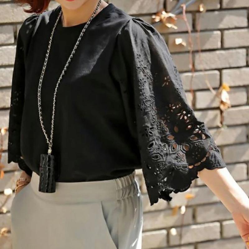 

Летняя блузка с коротким рукавом и вышивкой, женская элегантная кружевная белая повседневная рубашка с длинными рукавами, женские свободные топы с круглым вырезом, футболка 412 One Size чёрный