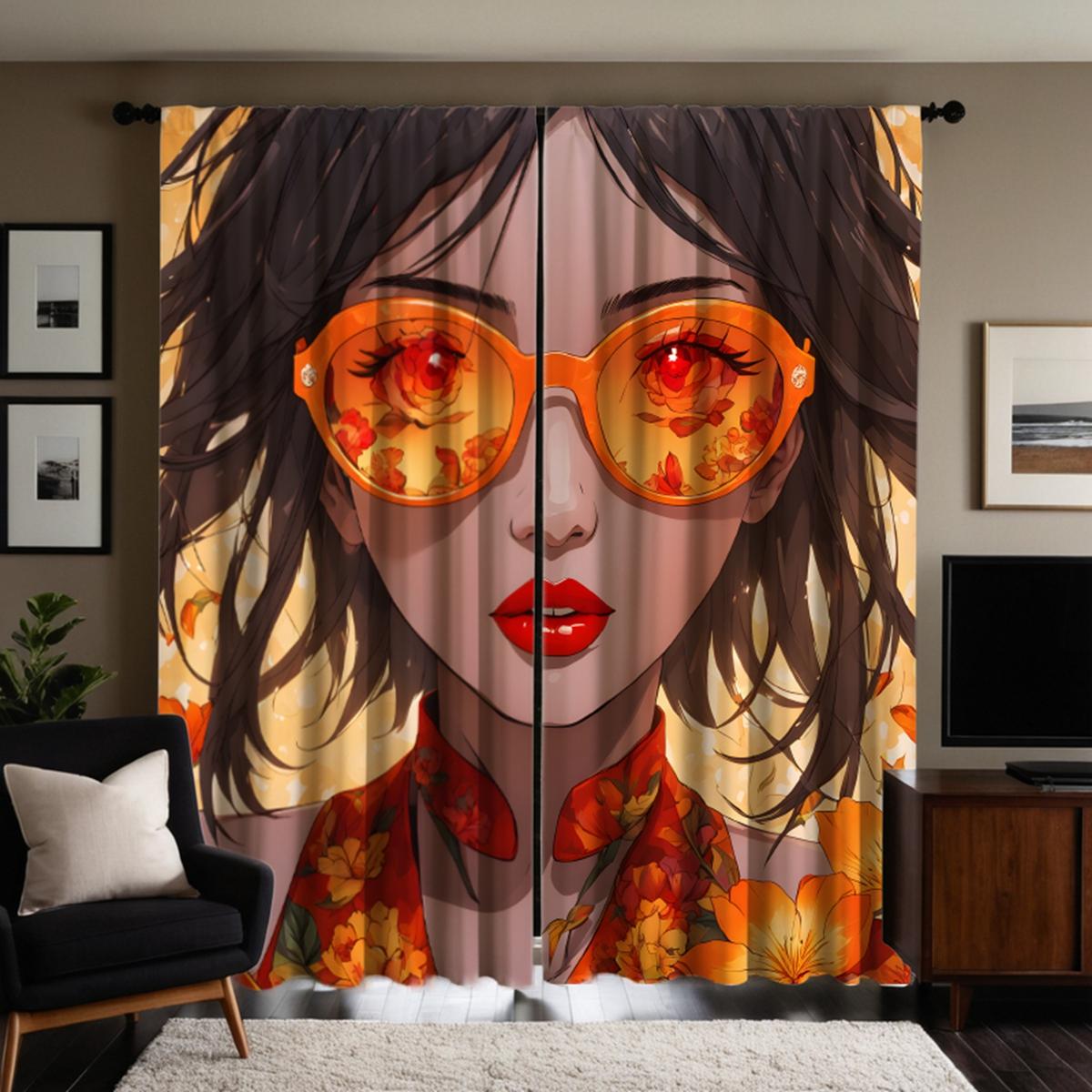 

2 штуки HD мультяшная девушка в солнцезащитных очках декоративная штора Желтая штора с цифровой печатью украшение для дома стиль декораци W52H63inchW132H160cm