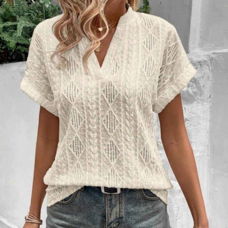 Summer V Neck Loose Women Shirt Casual Short Sleeve Hollow Jacquard Top