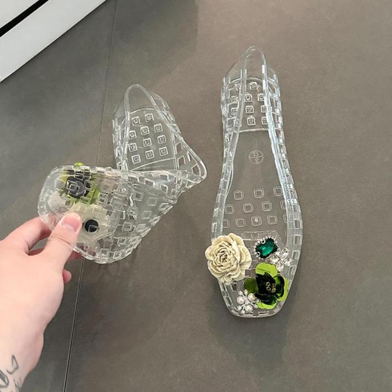 Diamond Sequins Flower Decorations Black Transparent Shoes for Women Summer Korean Style Hollowed Out Beach Flat Shoes