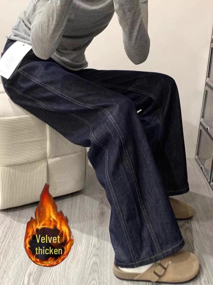 

Женские джинсы больших размеров темно-синего цвета с флисовой подкладкой и широкими штанинами, с высокой посадкой и свободного кроя для осени/зимы 2024. L