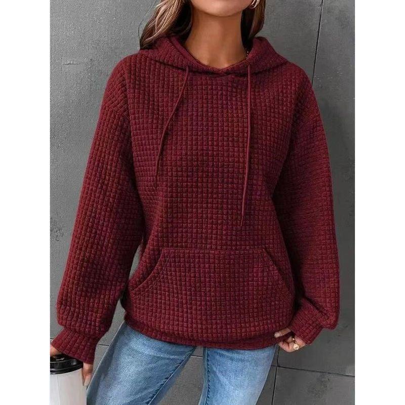 Stylish 2023 Party Fashion Style Work Clothing Fall Loose Pullover Hooded Long Sleeves Patchwork Waffle Sweatshirt Women
