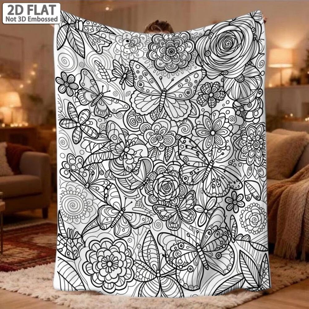 1pc Adult Coloring Blanket Suitable for Bedroom & Sofa Cover, 280GSM Flannel Bedspread with Butterfly Floral Print, Warm Machine Washable Bedspread fo