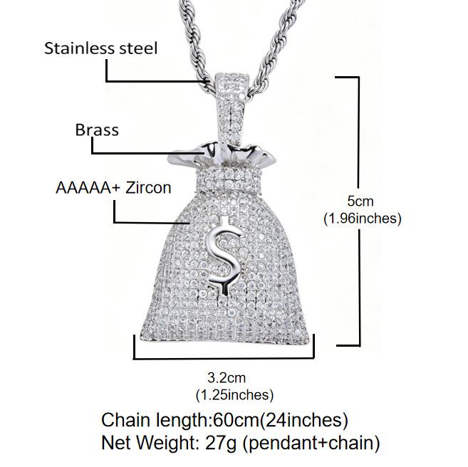 Hip Hop, Full Diamond Money Bag Personalized Dollar $Symbol Pendant Copper Inlaid Zircon Twist Chain Necklace Personalized Accessories