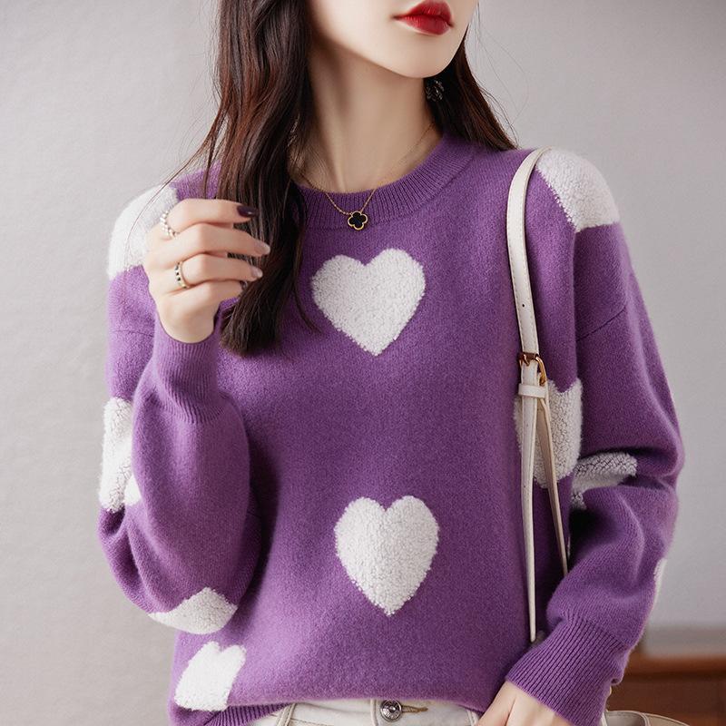 Round Neck Love Wool Sweater for Women In Autumn and Winter New Fashionable and Versatile Cashmere Base Shirt Skin-friendly and Warm Top