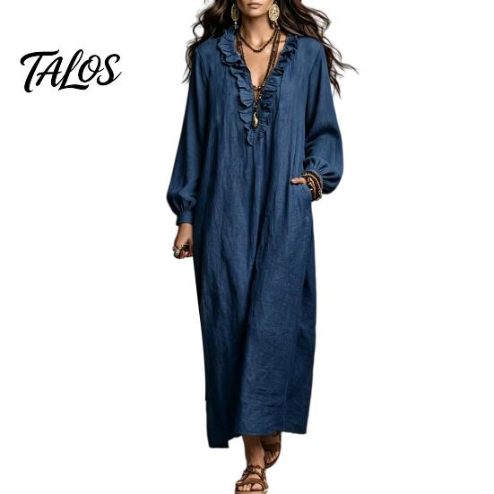 Dames lentejurken Ruches V-hals Lange jurk, Losse pasvorm Casual Midi Effen kleur Jurk Mouwen voor Herfst Vloeiend