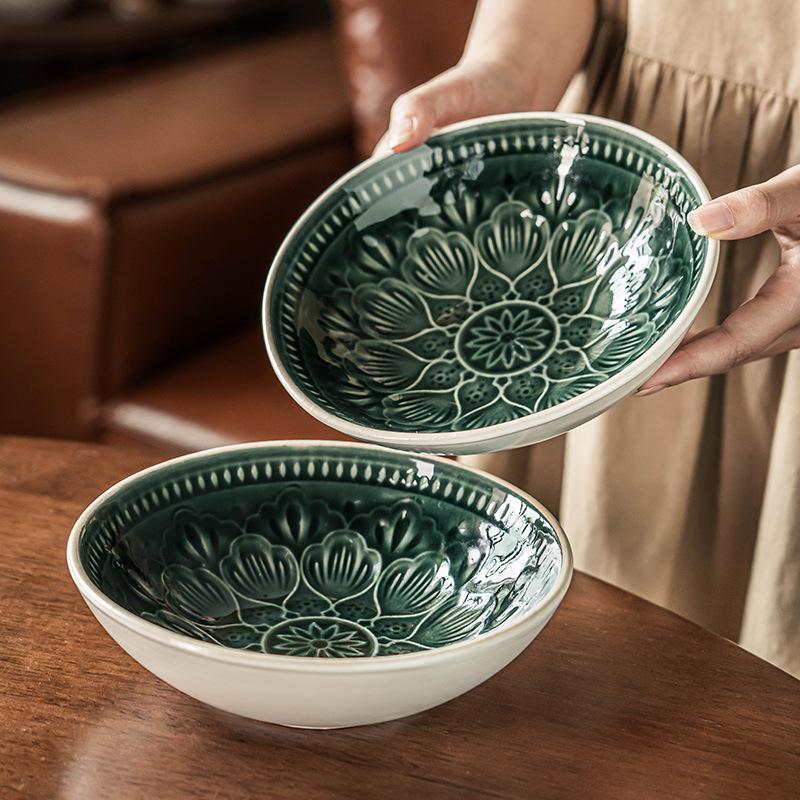 Retro Style Green Pattern Ceramic Bowl Household Tableware Salad Bowl Round Noodle Bowl Restaurant Vegetable Bowl Bowl