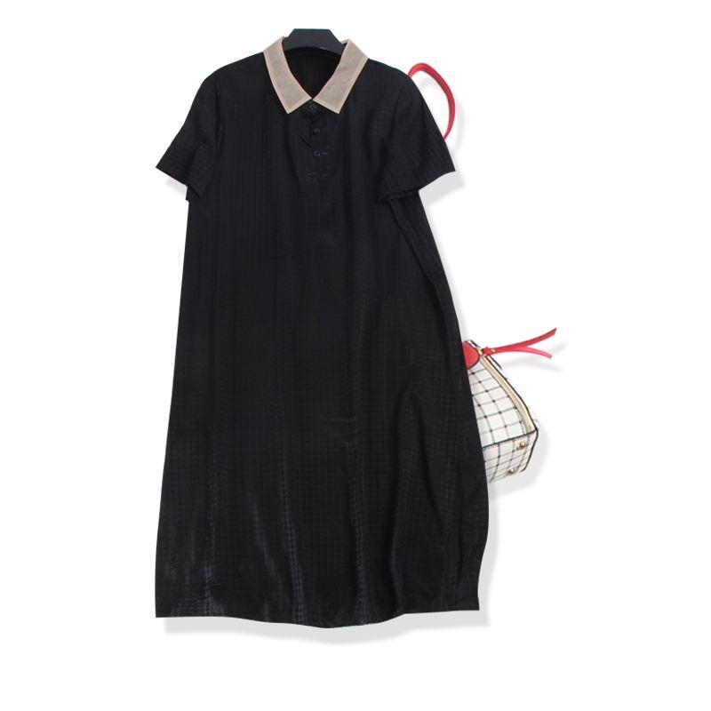 

Island Import 32 Rum Acetate Rayon! Dark Pattern King Workplace Female Black with a Turn-down Collar over the Knee Dress Black 4XL