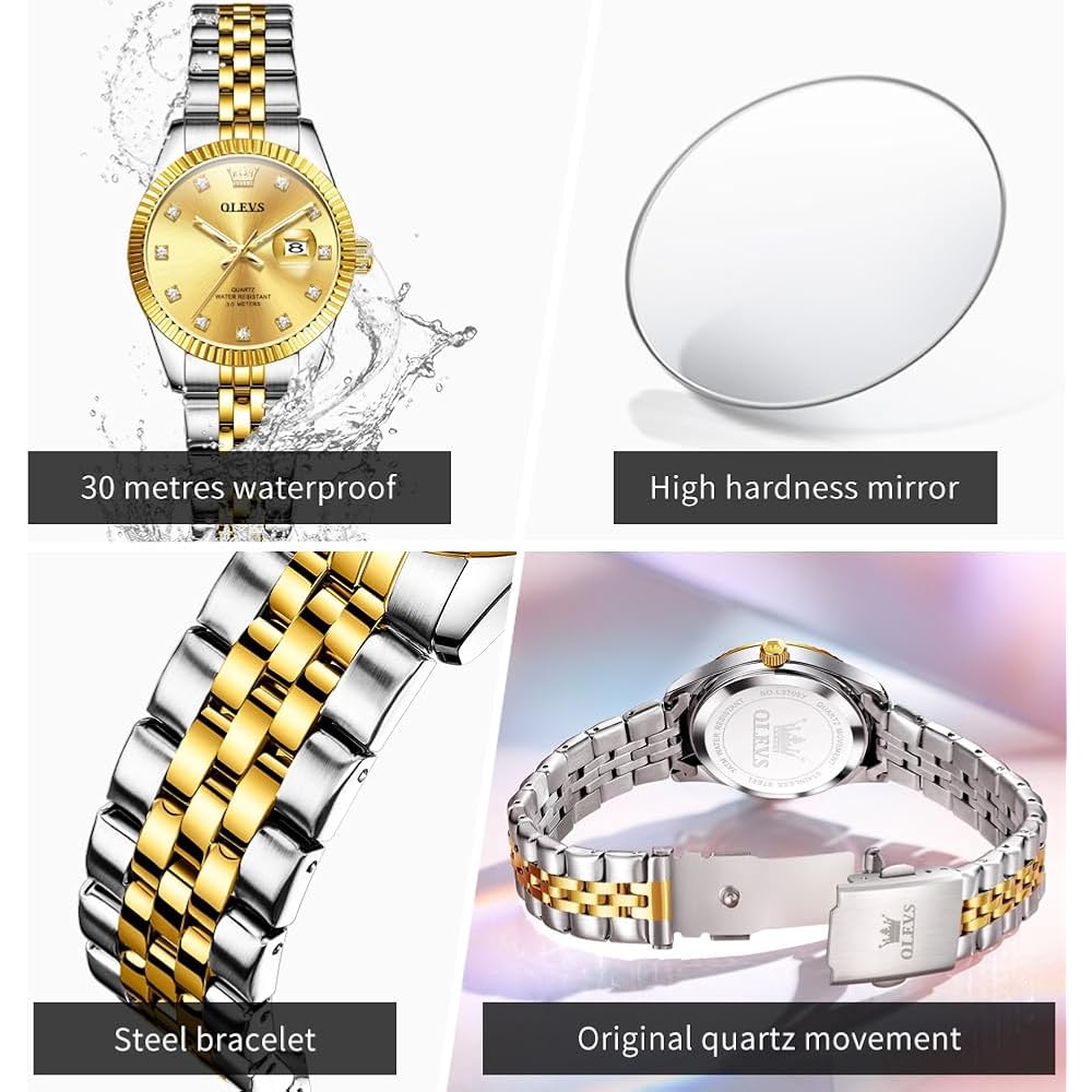 OLEVS Women's Fashion Dress Watch Analog Quartz Waterproof Stainless Steel Two-Tone with Diamond Gold Dial