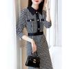 Women's Houndstooth Lapel Long-Sleeve Dress