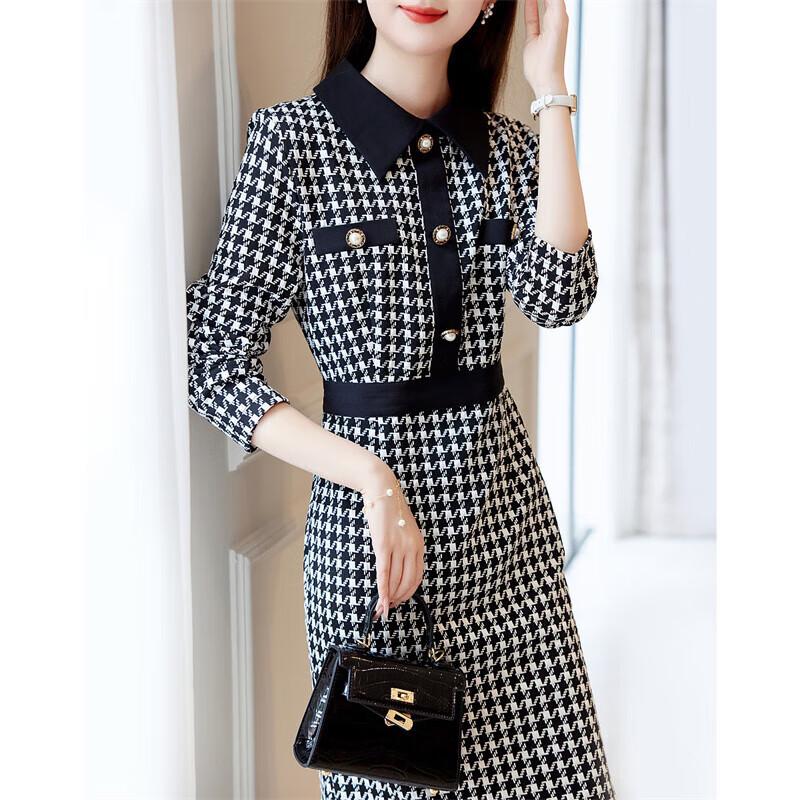 Women's Houndstooth Lapel Long-Sleeve Dress