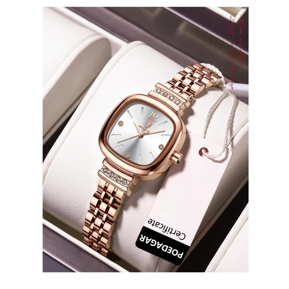 POEDAGAR Luxury Ladies Square Watch Rose Gold Stainless Steel Band with Waterproof Casual Quartz Wristwatch for Women