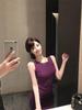 Purple Sleeveless Mermaid Dress: Slim-Fit, Waist-Cinched, Hip-Hugging with Slit Skirt.
