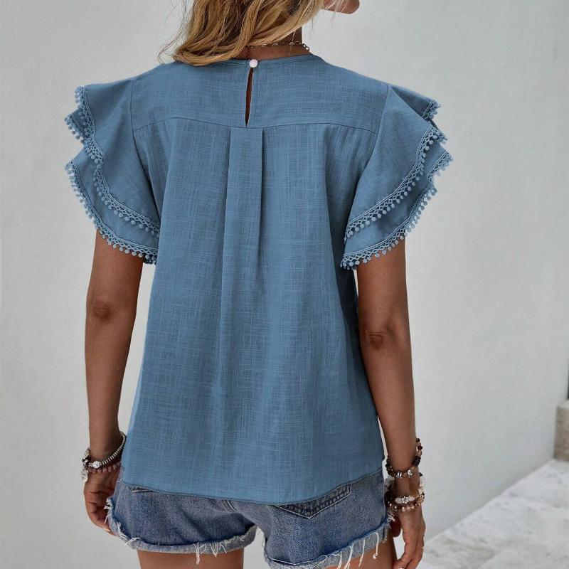 Moda Casual Cuello Redondo Tops de Verano para Mujer Camisas Sueltas Blusa Vintage de Encaje con Borlas y Mangas Volantes Camisa Lisa Elegante de Corte Ajustado para Mujer Nuevo 26424