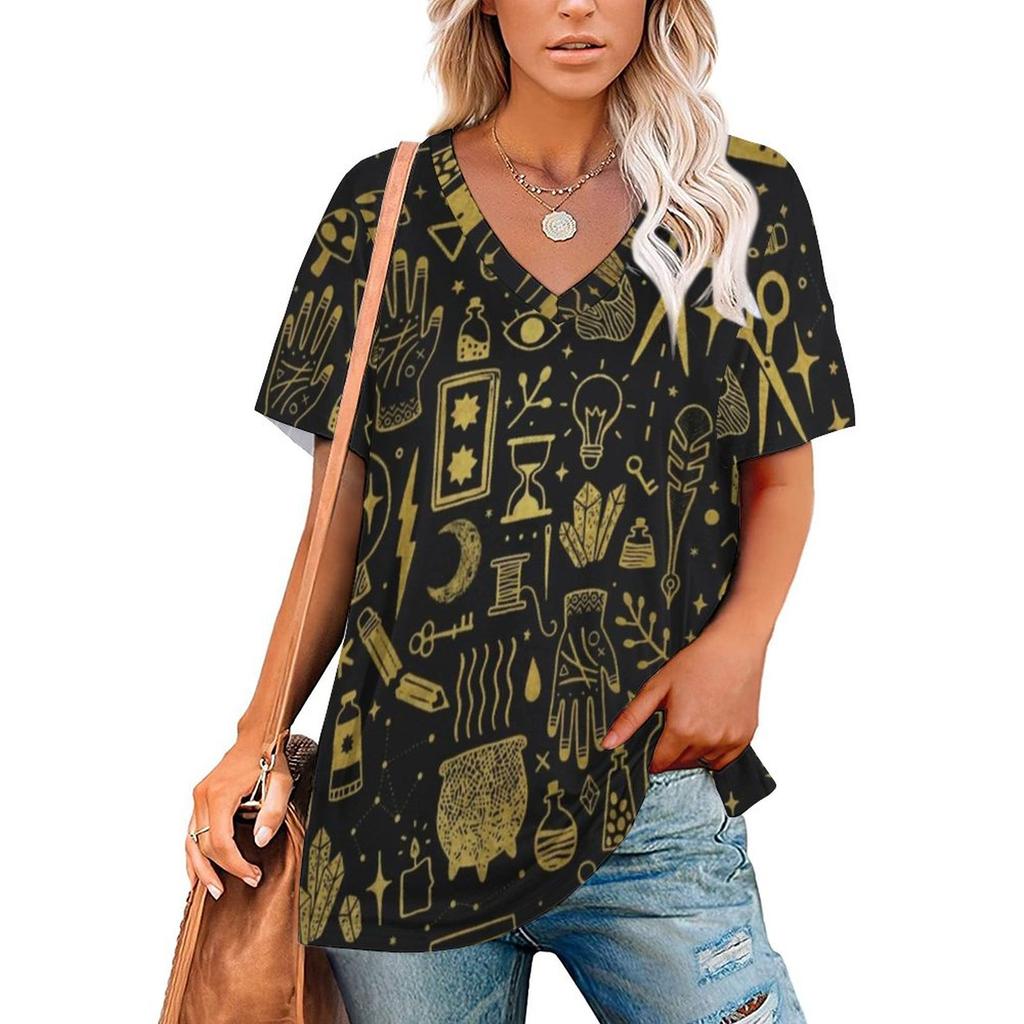 Vintage Moon T-Shirt Tarot Art Collage Retro T Shirts V Neck Short-Sleeve Printed Tshirt Women Classic Top Tees Big Size 3XL 4XL