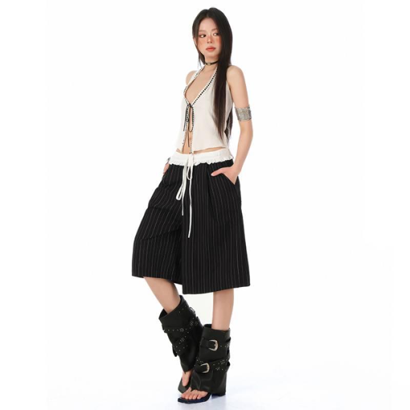 Striped Ruffle Patchwork Women s Summer Drawstring Wide-Leg Pants Large